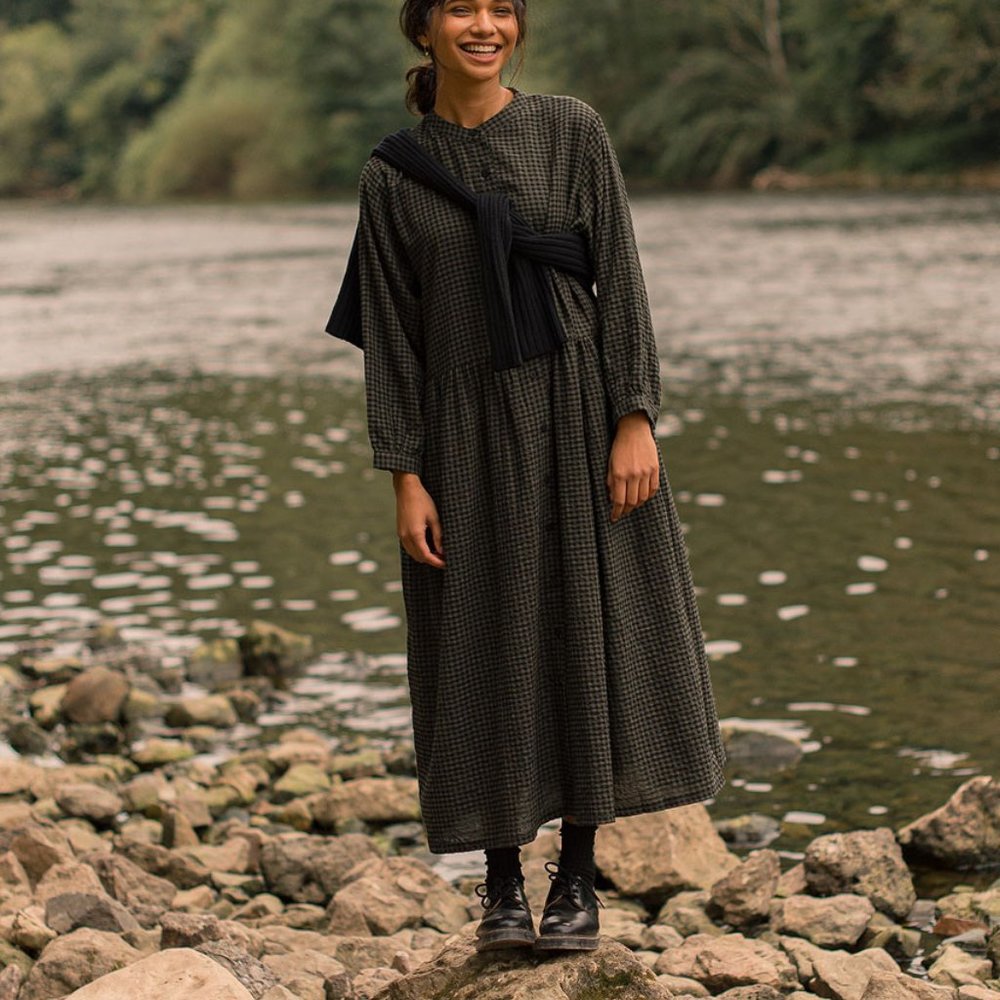 Annie cotton gingham maxi dress by Olive Clothing in Khaki